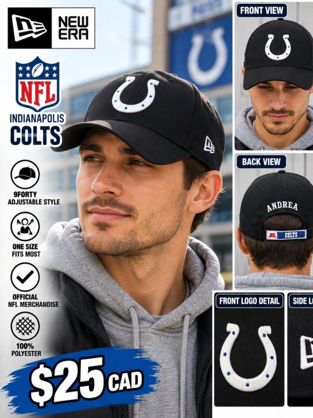 New Era Indianapolis Colts NFL 9FORTY Adjustable Black Hat OSFM